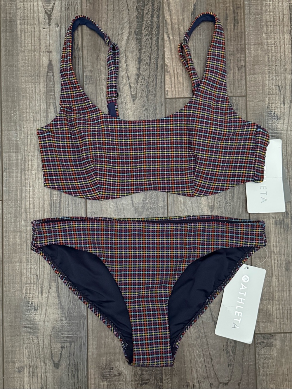Athleta Navy Seersucker Scoop Bikini Multi Plaid Two-Piece Swim Set